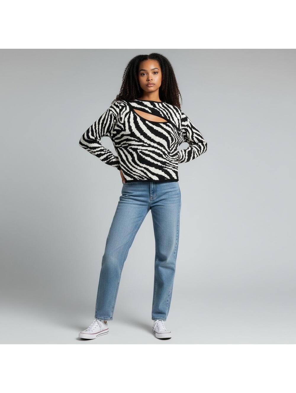 Bar III - Women's Zebra-Print Jacquard Cut-Out Sweater